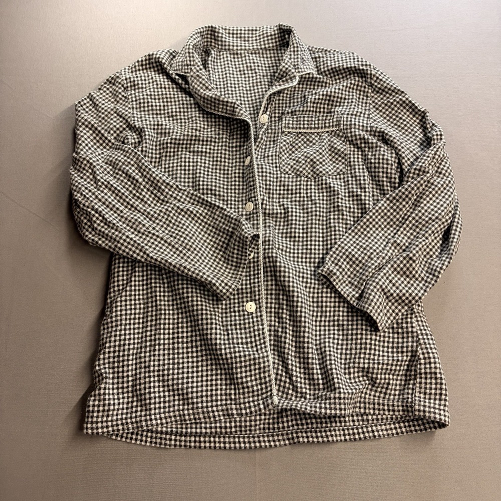 Black White Gingham Button Up Shirt Womens L XL Plaid Cottagecore Flannel